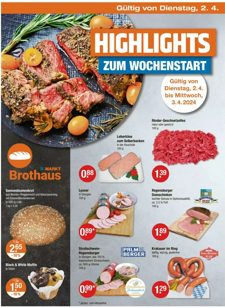 Aktueller Prospekt Vmarkt - Prospekte - von 28.03 bis 03.04.2024 - strona 26 - produkty: auer, brot, burger, geschnetzeltes, gewürz, Käse, krakauer, lack, leberkäs, leberkäse, lyoner, mehl, Muffin, natur, nuss, regensburger, rind, rinder, ring, Schal, Schale, schinken, schwein, spitzenqualität, Ti, wein, Yo, Zelt