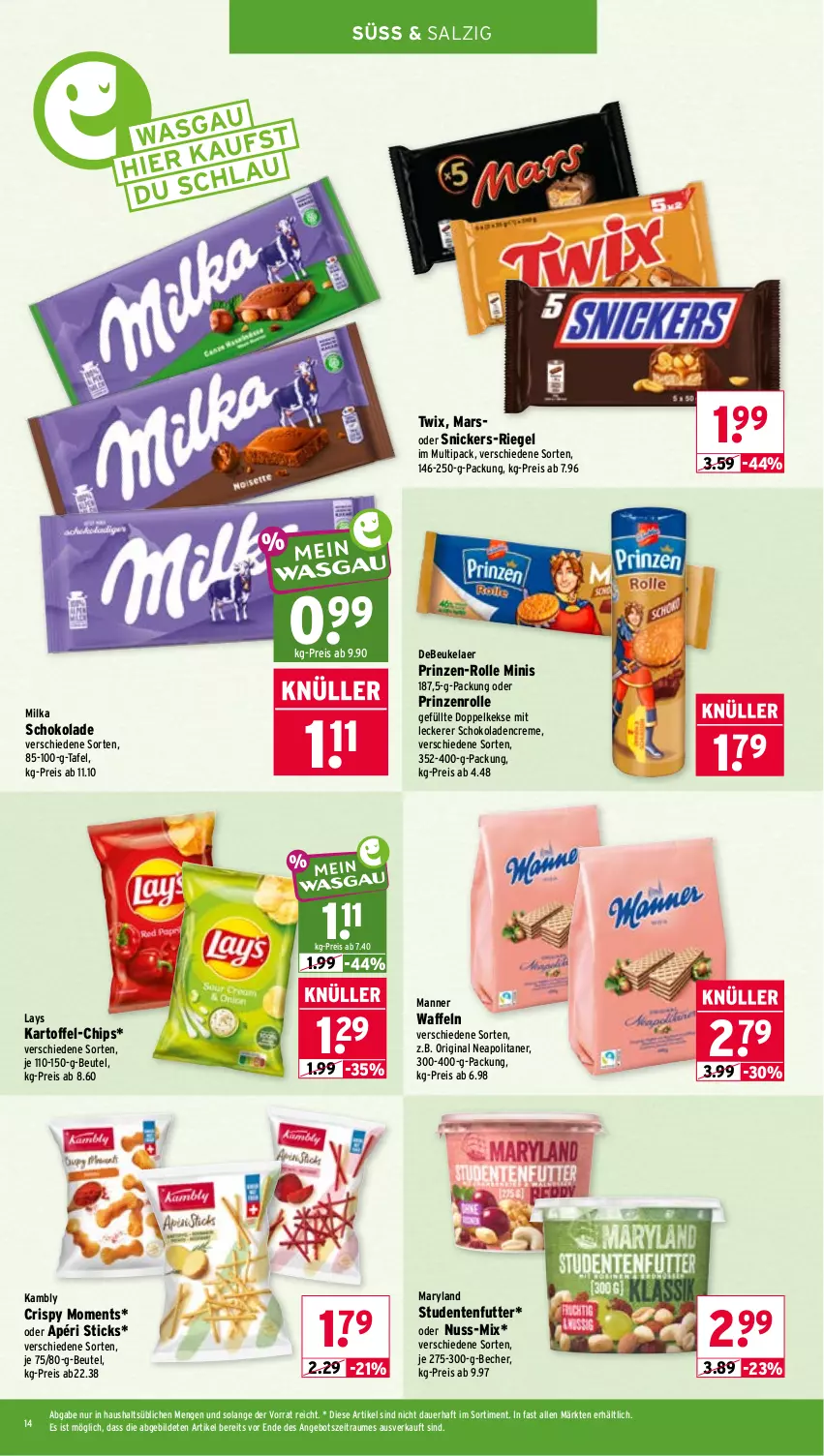 Aktueller Prospekt Wasgau - von 06.07 bis 11.07.2026 - strona 14 - produkty: angebot, auer, Becher, beutel, chips, creme, debeukelaer, Doppelkekse, eis, ente, gin, kartoffel, keks, kekse, lays, Manner, mars, milka, milka schokolade, nuss, prinzenrolle, reis, riegel, salz, schoko, schokolade, schokoladen, snickers, studentenfutter, Ti, twix, waffeln