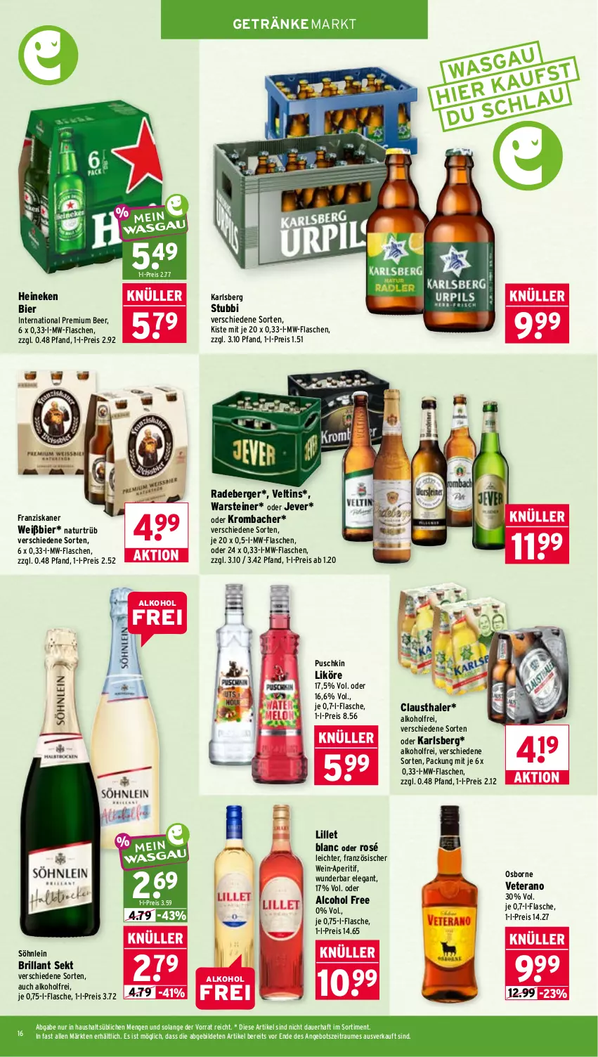 Aktueller Prospekt Wasgau - von 06.07 bis 11.07.2026 - strona 16 - produkty: alkohol, angebot, aperitif, auer, aust, Berger, bier, brillant sekt, clausthaler, eis, flasche, franziskaner, getränk, getränke, heineken, jever, karlsberg, krombache, krombacher, likör, lillet, mw-flasche, natur, osborne, radeberger, reis, sekt, söhnlein, söhnlein brillant, steiner, Ti, veltins, veterano, warsteiner, wein
