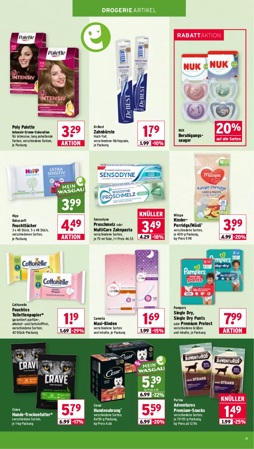 Aktueller Prospekt Wasgau - von 06.07 bis 11.07.2026 - strona 19 - produkty: adventuros, alkohol, Beruhigungssauger, binden, bürste, camelia, cottonelle, creme, eis, elle, feuchtes toilettenpapier, feuchttücher, hipp, hundenahrung, Kinder, milupa, müsli, nuk, Palette, pampers, Pants, papier, pasta, porridge, purina, reis, sensodyne, snack, snacks, Ti, toilettenpapier, trockenfutter, tücher, zahnbürste, zahnpasta