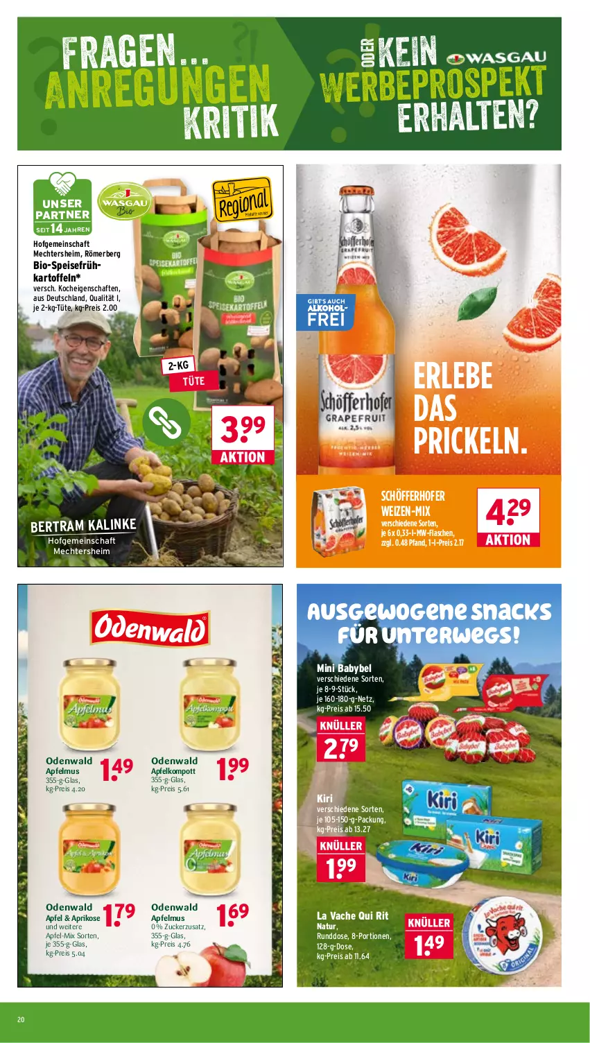 Aktueller Prospekt Wasgau - von 06.07 bis 11.07.2026 - strona 20 - produkty: apfel, apfelmus, aprikose, babybel, bio, eis, flasche, Frühkartoffeln, kartoffel, kartoffeln, kiri, mini babybel, mw-flasche, natur, odenwald, reis, rwe, schöfferhofer, snack, snacks, speisefrühkartoffeln, Ti, Tüte, zucker