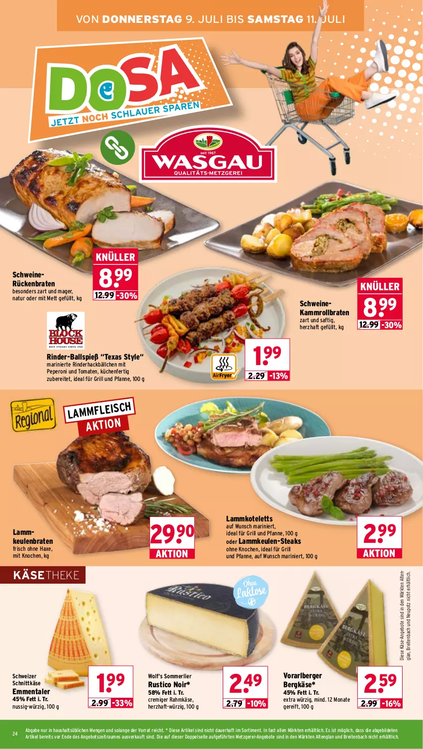 Aktueller Prospekt Wasgau - von 06.07 bis 11.07.2026 - strona 24 - produkty: angebot, angebote, auer, axe, ball, Berger, Bergkäse, braten, Brei, eis, emmentaler, für grill und pfanne, grill, grill und pfanne, Haxe, ideal für grill, ideal für grill und pfanne, Käse, käsetheke, kotelett, küche, Küchen, lamm, lammkeule, lammkotelett, merl, Mett, natur, nuss, peperoni, Peroni, pfanne, rind, rinder, rollbraten, Rückenbraten, saft, schnittkäse, schwein, schweine, schweinerücken, schweizer schnittkäse, steak, steaks, Ti, tomate, tomaten, und pfanne, wein, weine