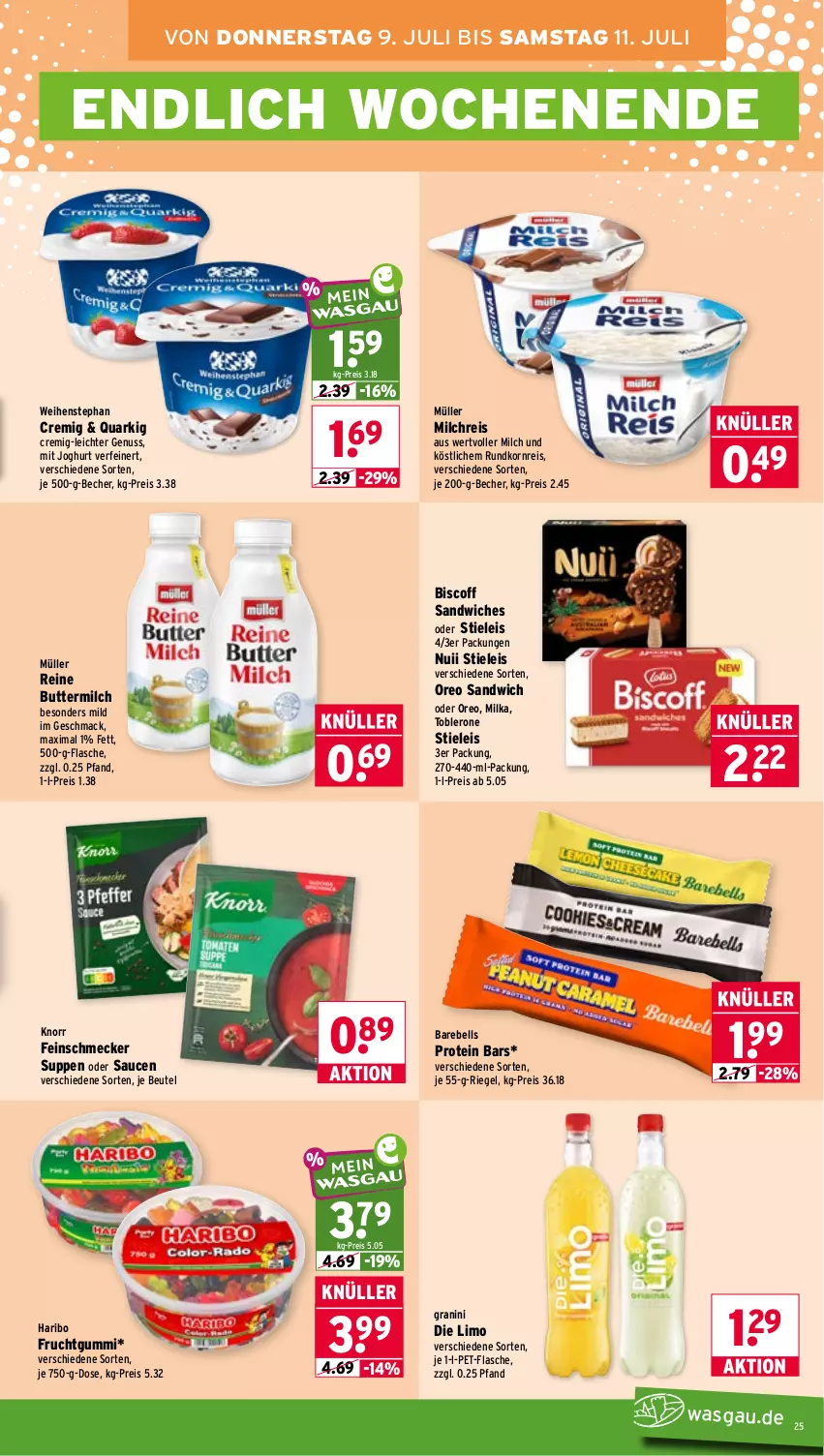 Aktueller Prospekt Wasgau - von 06.07 bis 11.07.2026 - strona 25 - produkty: Becher, beutel, biscoff, butter, buttermilch, eis, feinschmecker, flasche, frucht, fruchtgummi, granini, granini die limo, haribo, joghur, joghurt, knorr, korn, limo, mac, milch, milchreis, milka, Müller, ndk, nuii, nuss, oreo, pet-flasche, quark, Quarki, rebell, reine buttermilch, reis, riegel, sandwich, sauce, saucen, stieleis, suppe, suppen, Ti, toblerone, weihenstephan