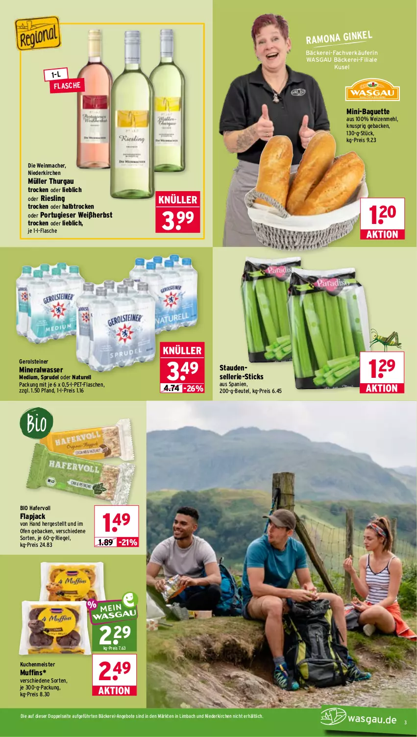 Aktueller Prospekt Wasgau - von 06.07 bis 11.07.2026 - strona 3 - produkty: Alwa, angebot, angebote, baguette, beutel, bio, eis, elle, flasche, geback, gerolsteine, gerolsteiner, gin, hafer, kuchen, kuchenmeister, mac, mehl, Meister, mineralwasser, Mineralwasser Medium, Muffin, muffins, Müller, natur, Ofen, pet-flasche, pet-flaschen, reis, rel, riegel, riesling, Sprudel, stauden, steiner, Ti, wasser, wein, weizenmehl