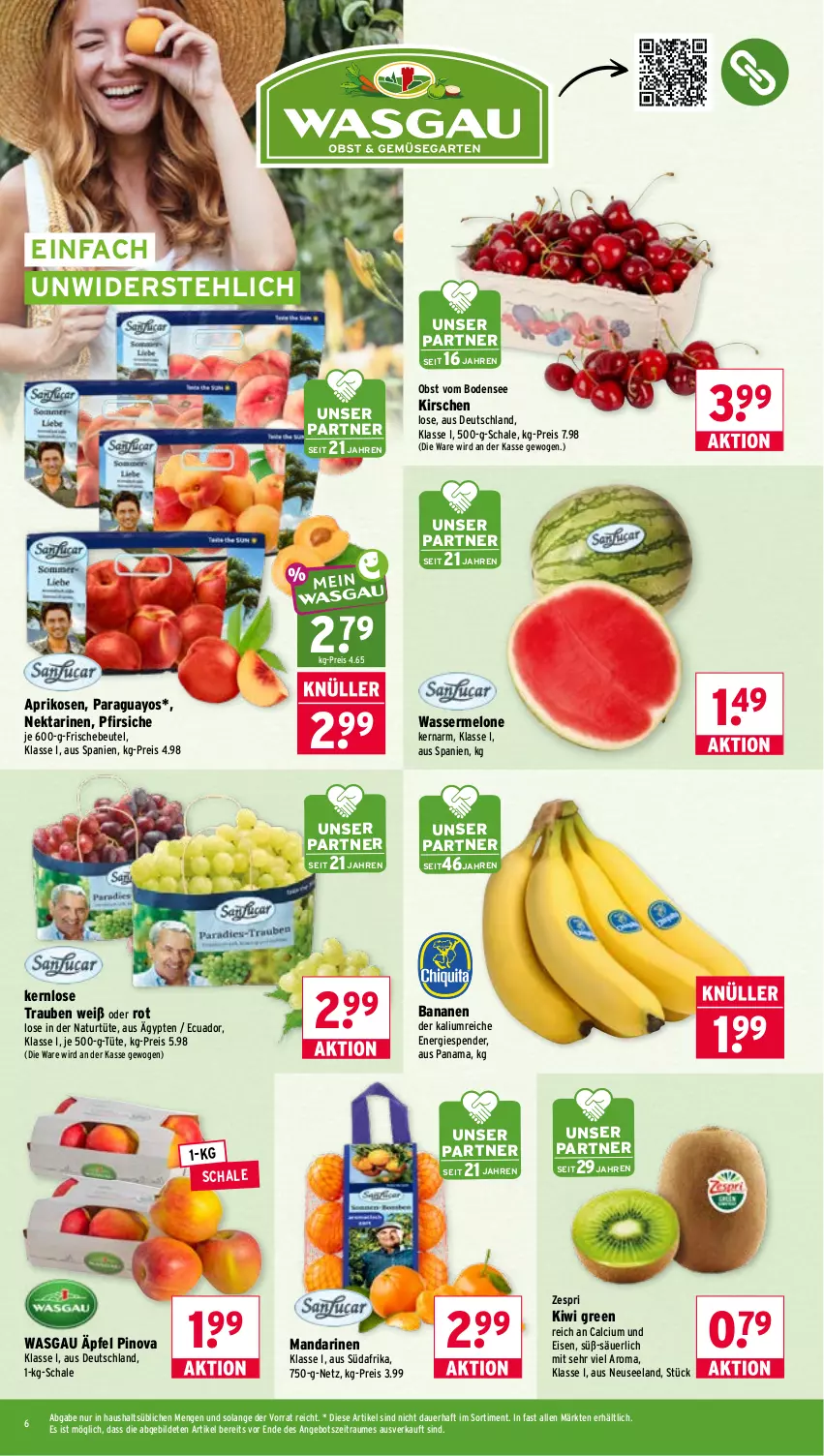 Aktueller Prospekt Wasgau - von 06.07 bis 11.07.2026 - strona 6 - produkty: angebot, aprikose, aprikosen, auer, banane, bananen, beutel, Calcium, eis, Elan, kirsch, kirsche, kirschen, kiwi, mandarine, mandarinen, melone, natur, Nektar, nektarinen, obst, paraguayos, pfirsich, pfirsiche, reis, Schal, Schale, Ti, trauben, Tüte, wasser, wassermelone, Yo, zespri
