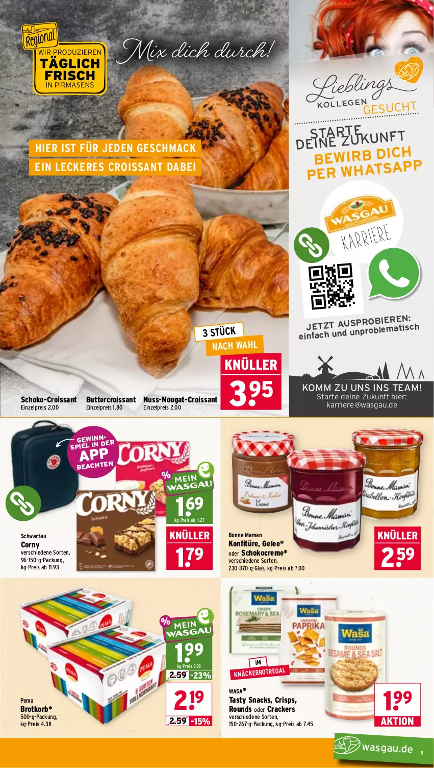 Aktueller Prospekt Wasgau - von 06.07 bis 11.07.2026 - strona 9 - produkty: bier, Biere, bonne maman, brot, Brotkorb, butter, corny, cracker, creme, Croissant, eis, gelee, knäckebrot, konfitüre, korb, mac, mam, nuss, reis, schoko, Schwartau, snack, snacks, Ti, tisch, wasa