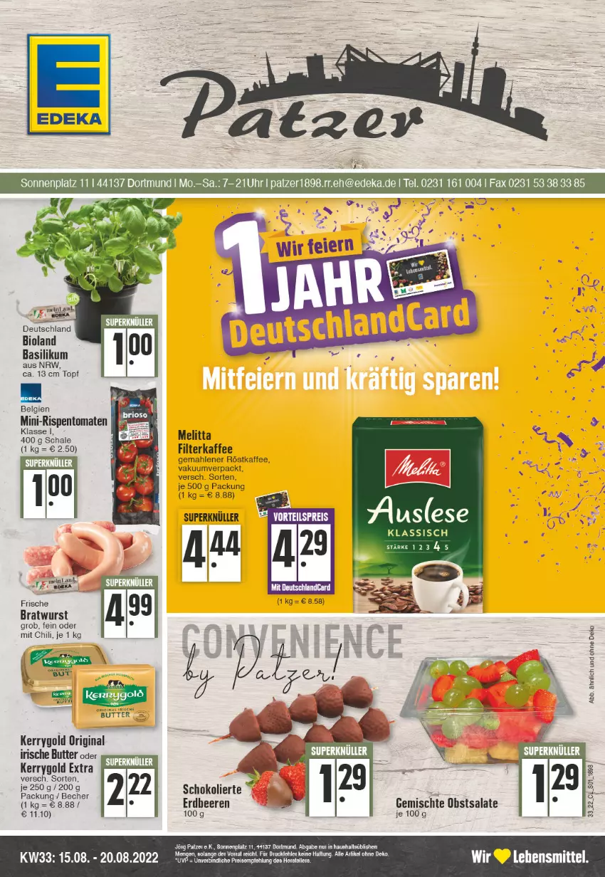 Aktueller Prospekt Edeka - Angebote der Woche - von 15.08 bis 20.08.2022 - strona 1 - produkty: basilikum, Becher, beere, beeren, bio, bioland, bratwurst, butter, chili, erdbeere, erdbeeren, filterkaffee, gin, irische butter, kaffee, kerrygold, kerrygold extra, lebensmittel, LG, melitta, mini-rispentomaten, obst, rispentomaten, röstkaffee, salat, salate, Schal, Schale, schoko, tomate, tomaten, topf, wurst