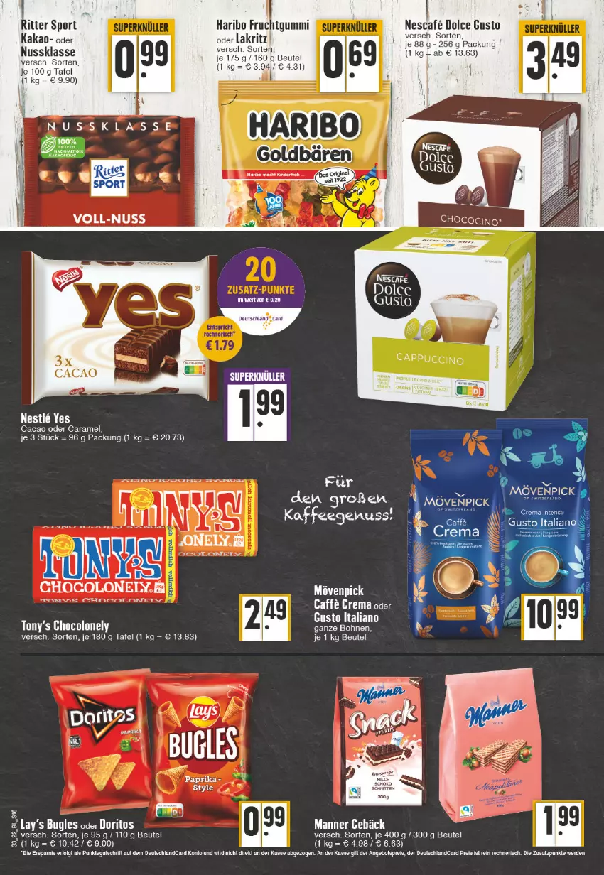 Aktueller Prospekt Edeka - Angebote der Woche - von 15.08 bis 20.08.2022 - strona 16 - produkty: angebot, angebote, beutel, bohne, bohnen, caramel, deutschlandcard, dolce gusto, erde, frucht, fruchtgummi, haribo, kakao, Lakritz, LG, Manner, milch, mövenpick, nescafe, nuss, oder lakritz, ritter, ritter sport, schnitten, schoko, Sport