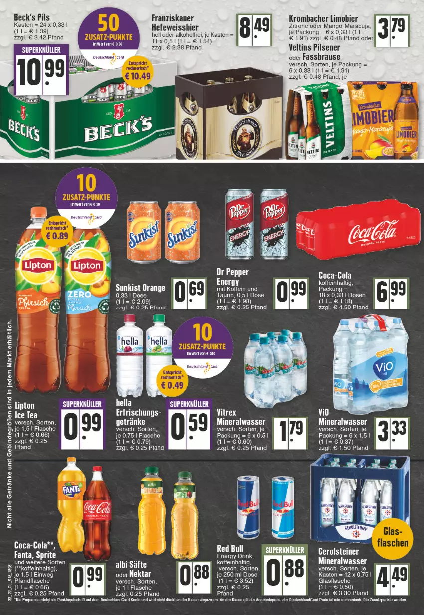 Aktueller Prospekt Edeka - Angebote der Woche - von 15.08 bis 20.08.2022 - strona 18 - produkty: alkohol, Alwa, beck's, bier, coca-cola, cola, drink, eis, energy drink, fanta, flasche, franziskaner, getränk, getränke, glasflasche, Hefe, hella, krombache, krombacher, LG, limo, Limobier, mango, maracuja, mineralwasser, orange, pils, pilsener, säfte, sprite, Ti, tisch, veltins, veltins pilsener, wasser, weissbier, zitrone