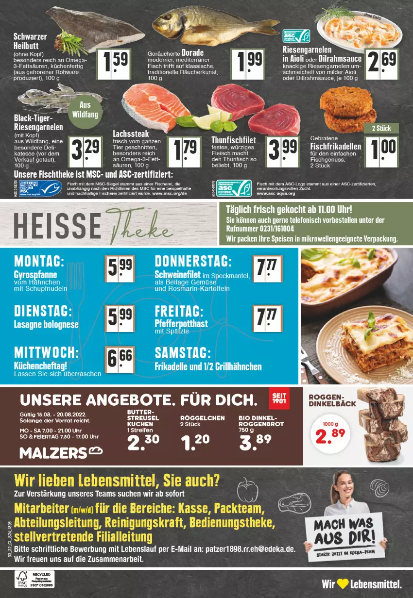 Aktueller Prospekt Edeka - Angebote der Woche - von 15.08 bis 20.08.2022 - strona 24 - produkty: Abtei, aioli, angebot, angebote, bio, bolognese, brot, deka, dell, elle, filet, fisch, fische, Fischer, fischtheke, frikadellen, garnelen, grill, grillhähnchen, gyros, ilag, kartoffel, kartoffeln, kraft, küche, Küchen, kuchen, lachs, lasagne, lebensmittel, Mode, nudel, nudeln, nuss, omega, Omega-3, papier, pfanne, Reinigung, riesengarnelen, rosmarin, sauce, Schere, schnitten, schwein, schweine, schweinefilet, Speck, steak, telefon, thunfisch, Ti, uhr, wein, weine, Wels, Wild