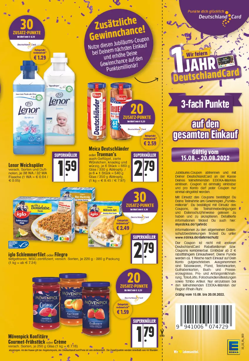 Aktueller Prospekt Edeka - Angebote der Woche - von 15.08 bis 20.08.2022 - strona 3 - produkty: angebot, angebote, buch, coupon, coupons, creme, deka, deutschlandcard, eis, erde, filegro, filet, flasche, Geflügel, gewinnspiel, guthabenkarte, iglo, konfitüre, lenor, lenor weichspüler, LG, lion, meica, milch, mövenpick, schlemmerfilet, Tchibo, telefon, Ti, Tiere, uhr, weichspüler, würstchen