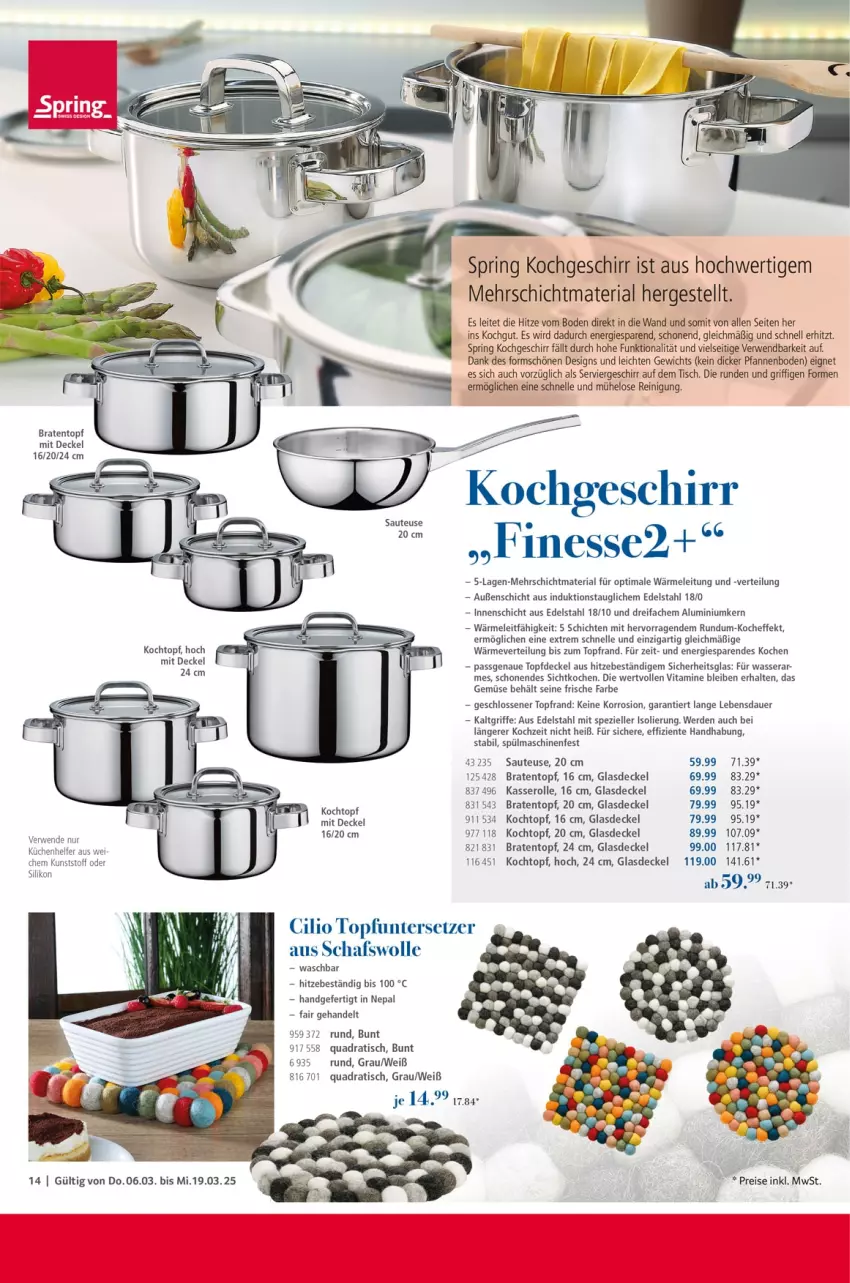 Aktueller Prospekt Selgros - Kochen & Servieren - von 06.03 bis 19.03.2025 - strona 14 - produkty: auer, braten, Bratentopf, cilio, decke, Deckel, edelstahl, eis, elle, ente, erde, finesse, geschirr, Glasdeckel, Kochtopf, pfanne, pfannen, quad, Reinigung, reis, Ria, ring, rwe, Spezi, spülmaschinen, Ti, tisch, topf, Topfuntersetzer, Untersetzer, vita, Vitamine, wasser, wolle