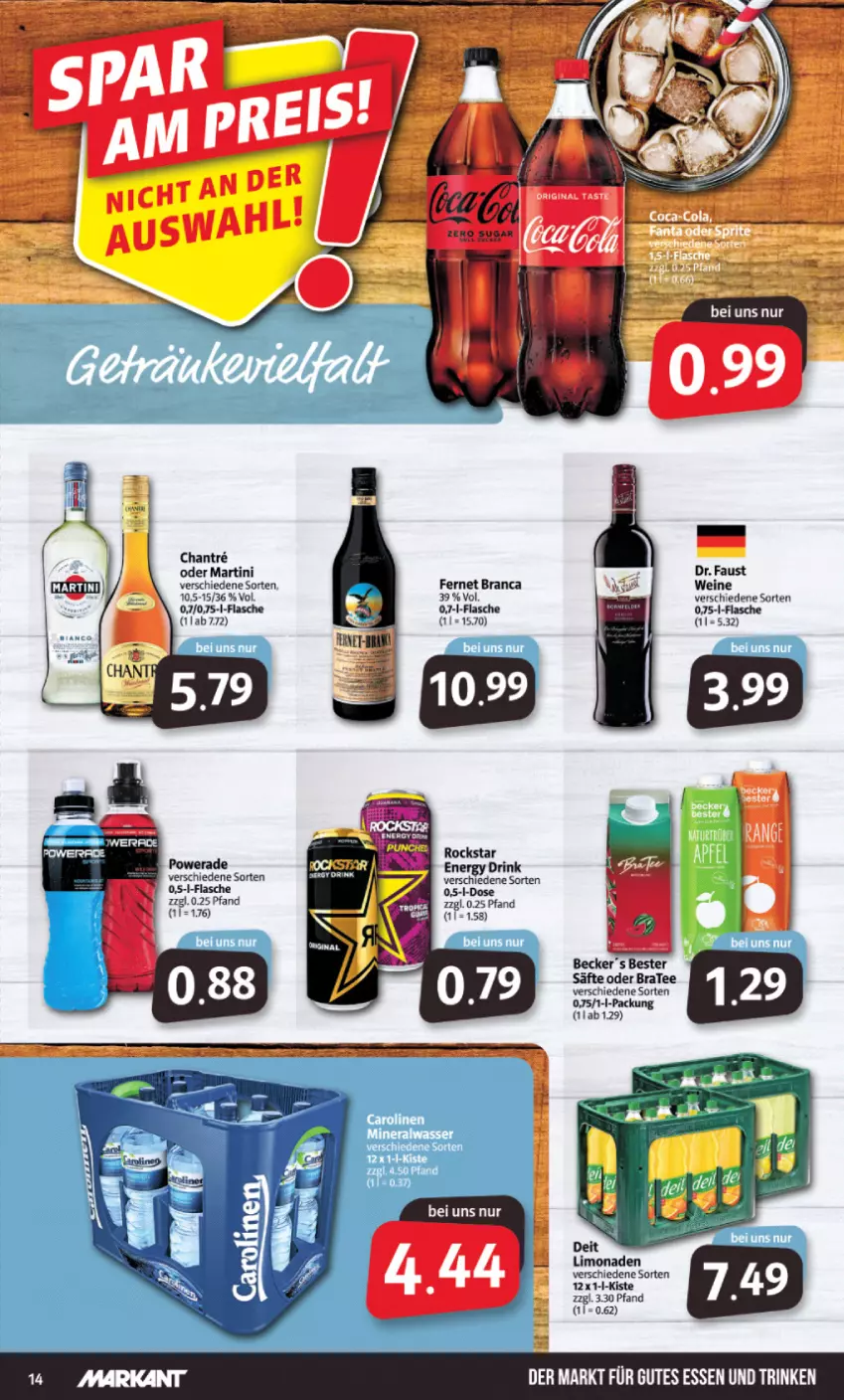 Aktueller Prospekt Markant - Prospekte - von 01.08 bis 06.08.2022 - strona 14 - produkty: aust, BraTee, drink, energy drink, Fernet, fernet branca, flasche, gutes essen, martini, Rockstar, säfte, tee, Ti, wein, weine