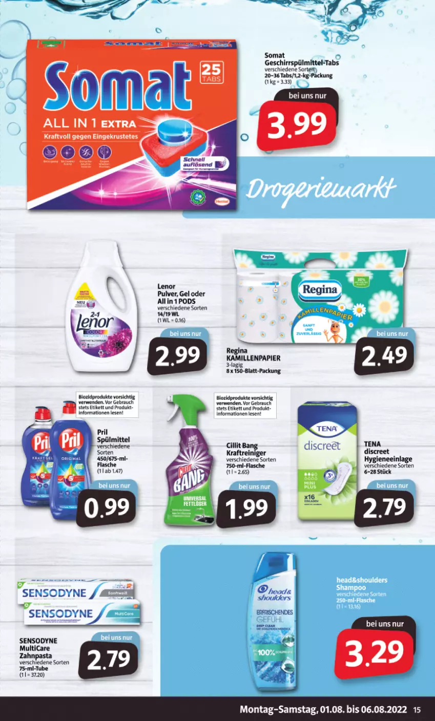 Aktueller Prospekt Markant - Prospekte - von 01.08 bis 06.08.2022 - strona 15 - produkty: bio, biozidprodukte, Discreet, flasche, geschirr, geschirrspülmittel, kraft, lenor, pasta, Pods, pril, Rauch, reiniger, rwe, sensodyne, somat, spülmittel, Ti, zahnpasta