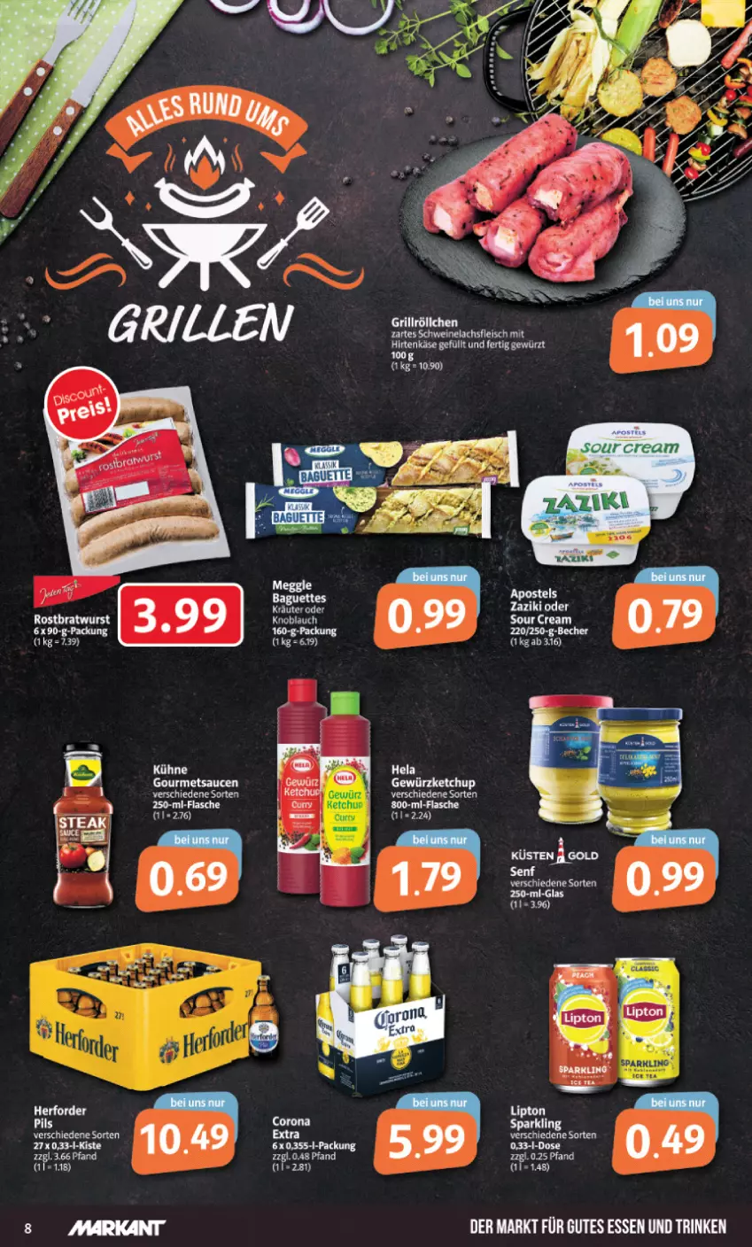 Aktueller Prospekt Markant - Prospekte - von 01.08 bis 06.08.2022 - strona 8 - produkty: baguette, baguettes, eis, flasche, fleisch, gewürz, gewürzketchup, gutes essen, Hela, Käse, ketchup, kräuter, Kühne, lachs, schwein, schweine, Schweinelachs, sour cream, tee, Ti, wein, weine, zaziki