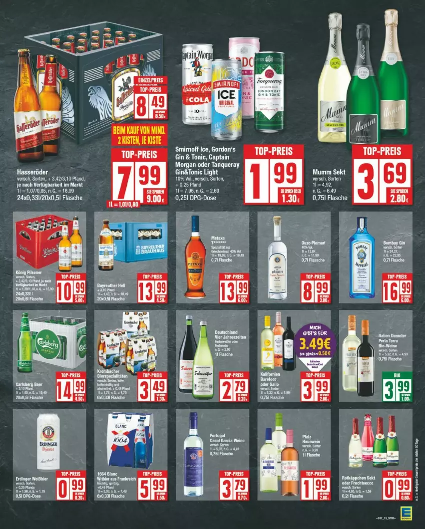 Aktueller Prospekt Edeka - Prospekte - von 09.09 bis 14.09.2024 - strona 13 - produkty: ACC, eis, flasche, gin, hasseröder, reis, Tanqueray, tonic, top-preis, wein, weine