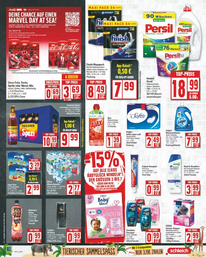 Aktueller Prospekt Edeka - Prospekte - von 09.09 bis 14.09.2024 - strona 14 - produkty: aeg, Cien, coca-cola, cola, colgate, deka, fanta, Finish, flasche, geschirr, gin, henkel, LG, Mezzo Mix, nuss, persil, Ria, sprite, spülmaschinen, tee, Ti, Tiere, universal pulver, vollwaschmittel, waschmittel