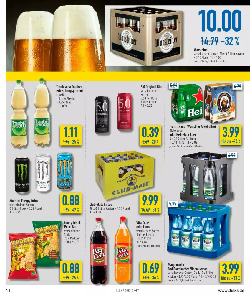 Aktueller Prospekt Diska - Prospekte - von 14.02 bis 19.02.2022 - strona 11 - produkty: alkohol, Alwa, Bad, bier, Blutorange, cola, drink, eis, eistee, energy drink, erfrischungsgetränk, flasche, franziskaner, funny-frisch, getränk, gin, heineken, limo, limonade, mineralwasser, monster, Monster Energy, orange, pom-bär, Soda, steiner, tee, Ti, trauben, Traubisoda, vita, warsteiner, wasser, weissbier