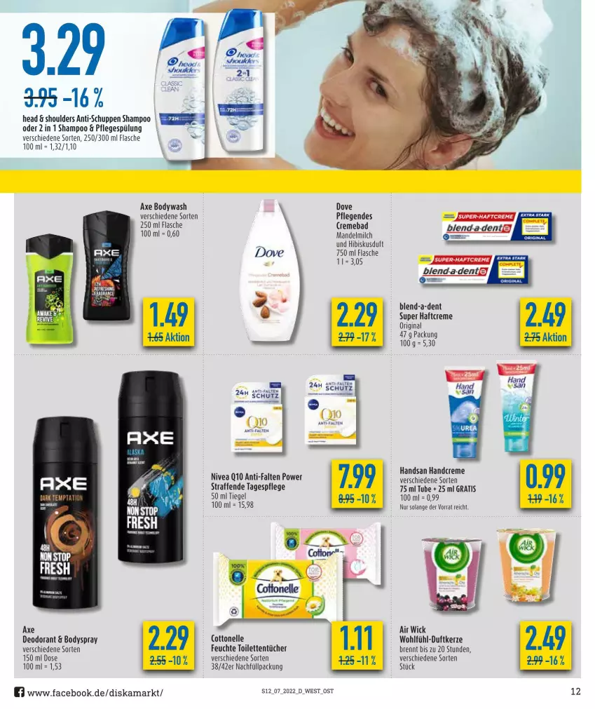 Aktueller Prospekt Diska - Prospekte - von 14.02 bis 19.02.2022 - strona 12 - produkty: Air Wick, axe, Bad, body, bodyspray, cottonelle, creme, deo, deodorant, dove, Duftkerze, elle, flasche, gin, Haftcreme, handcreme, kerze, mandel, milch, nivea, Q10, shampoo, Tagespflege, Ti, toilettentücher, tücher, WICK