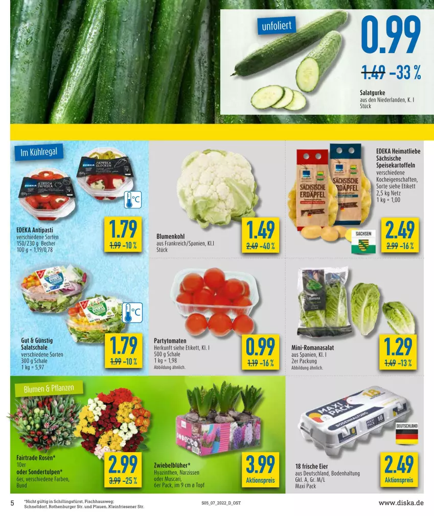 Aktueller Prospekt Diska - Prospekte - von 14.02 bis 19.02.2022 - strona 5 - produkty: aktionspreis, antipasti, asti, Becher, blume, blumen, blumenkohl, burger, deka, eier, eis, fisch, gurke, kartoffel, kartoffeln, Narzissen, reis, Romanasalat, rosen, salat, Salatgurke, Schal, Schale, speisekartoffeln, Ti, tomate, tomaten, topf, zwiebel