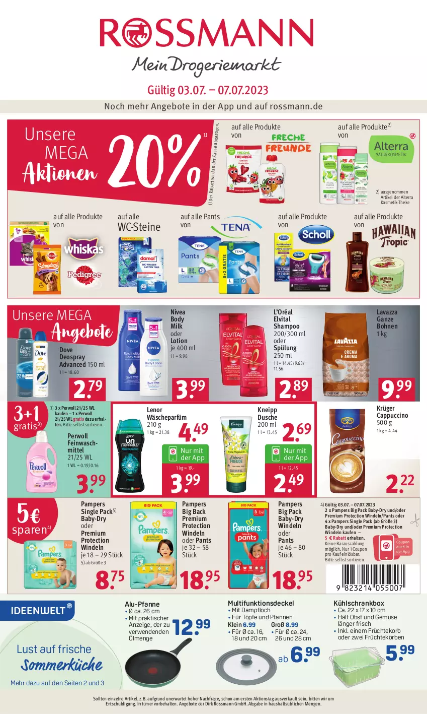 Aktueller Prospekt Rossmann - Prospekte - von 03.07 bis 07.07.2023 - strona 1 - produkty: alterra, angebot, angebote, baby-dry, body, body milk, bohne, bohnen, Cap, cappuccino, cin, coupon, decke, Deckel, deo, deospray, dove, dusche, elle, elvital, feinwaschmittel, früchte, kneipp, korb, kosmetik, krüger, küche, kühlschrank, lavazza, lavazza ganze bohne, lenor, Lotion, nivea, obst, Obst und Gemüse, pampers, Pants, perwoll, pfanne, pfannen, rwe, Schrank, shampoo, spülung, teller, Ti, Tiere, tisch, und gemüse, und pfanne, vita, wäscheparfüm, waschmittel, WC-Steine, windeln, windeln oder pants