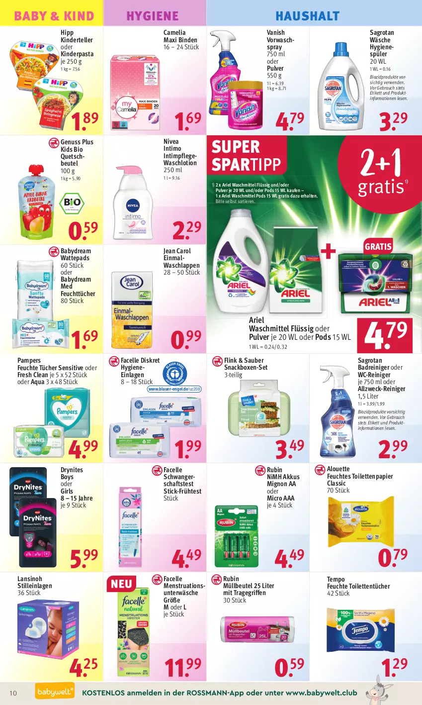 Aktueller Prospekt Rossmann - Prospekte - von 03.07 bis 07.07.2023 - strona 10 - produkty: akku, alouette, Alwa, aqua, ariel, ariel waschmittel, auer, babydream, Bad, beutel, binden, bio, biozidprodukte, camelia, DryNites, Einmalwaschlappen, elle, Engel, Facelle, feuchte tücher, feuchtes toilettenpapier, feuchttücher, hipp, hygienespüler, Jean Carol, Kinder, Lotion, müllbeutel, nivea, nuss, pampers, papier, pasta, Pods, quetschbeutel, Rauch, reiniger, Rubin, rwe, sagrotan, Schwangerschaftstest, snack, spartipp, teller, Tempo, Ti, Tiere, toilettenpapier, toilettentücher, tragegriff, tücher, Unterwäsche, vanish, waschlappen, Waschlotion, waschmittel, wattepads, wc-reiniger, weck