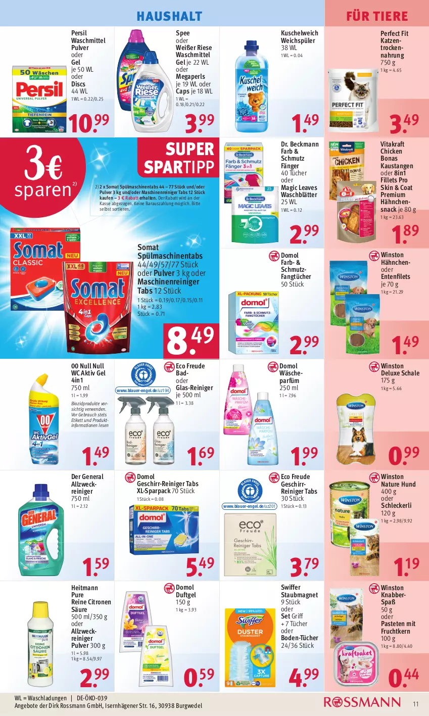 Aktueller Prospekt Rossmann - Prospekte - von 03.07 bis 07.07.2023 - strona 11 - produkty: aktiv gel, allzweckreiniger, angebot, angebote, auer, aust, Bad, bio, biozidprodukte, Bona, Cap, Domol, Dr. Beckmann, Engel, ente, Fangtücher, filet, filets, frucht, geschirr, heitmann, kraft, Kuschelweich, maschinenreiniger, megaperls, mit frucht, natur, pastete, Perfect Fit, persil, persil waschmittel, Rauch, reiniger, rwe, Schal, Schale, snack, somat, spartipp, spee, spülmaschinen, spülmaschinentabs, staubmagnet, swiffer, Ti, Tiere, Trockennahrung, tücher, vita, vitakraft, wäscheparfüm, waschmittel, weck, wedel, weichspüler