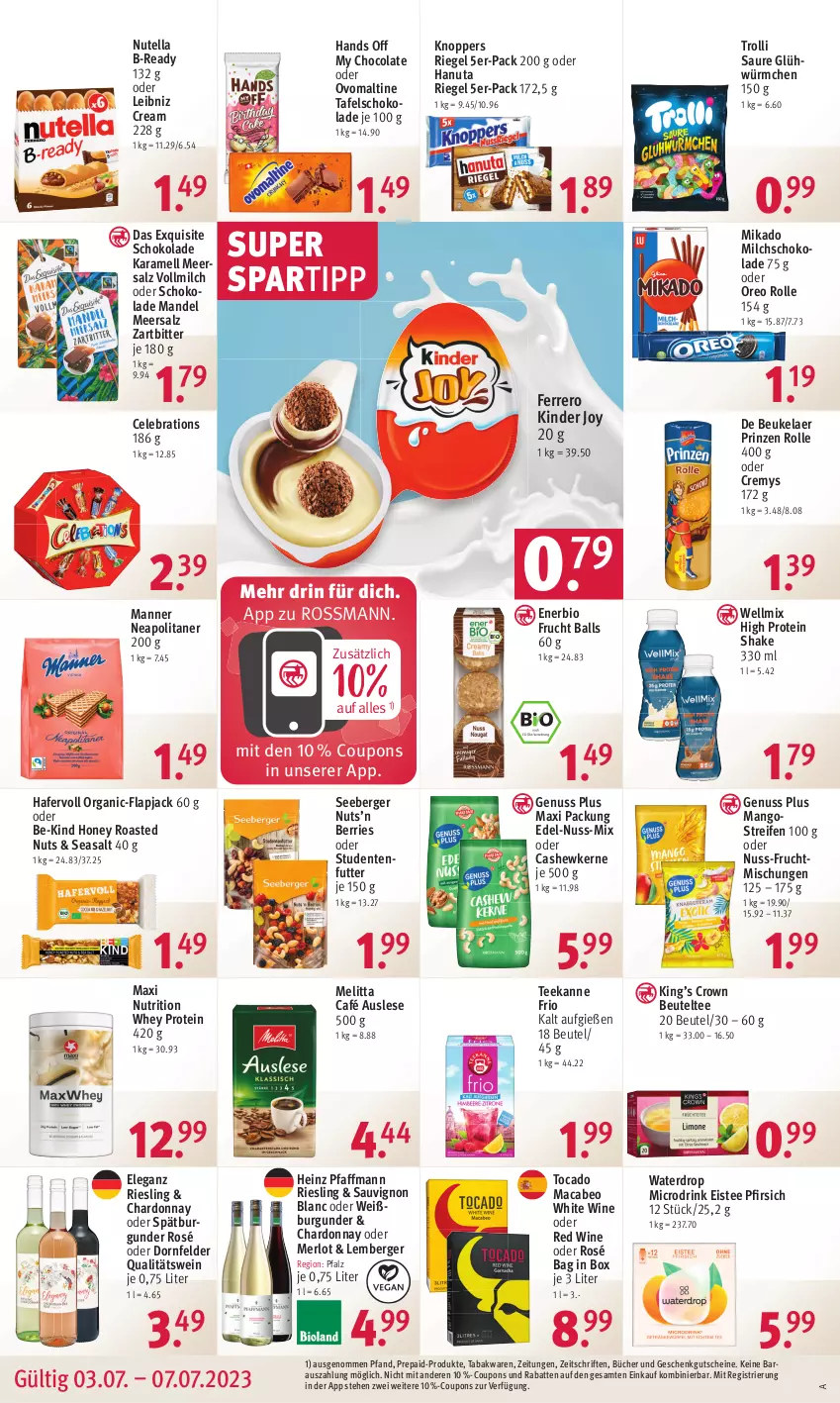 Aktueller Prospekt Rossmann - Prospekte - von 03.07 bis 07.07.2023 - strona 12 - produkty: ball, Be-Kind, Berger, beutel, bio, burgunder, Cashew, cashewkerne, chardonnay, cola, coupon, coupons, cremys, de beukelaer, dornfelder, drink, eis, eistee, ente, ferrero, frucht, gutschein, gutscheine, hafer, hanuta, heinz, karamell, Kinder, knoppers, leibniz, mac, mandel, mango, mangos, Manner, meersalz, melitta, merl, merlot, mikado, milch, nuss, nutella, oreo, ovomaltine, pfirsich, prinzen rolle, qualitätswein, reifen, riegel, riesling, salz, sauvignon, sauvignon blanc, schoko, schokolade, seeberger, shake, spartipp, spätburgunder, studentenfutter, tafelschokolade, tee, teekanne, Ti, trolli, vollmilch, wein, Weißburgunder