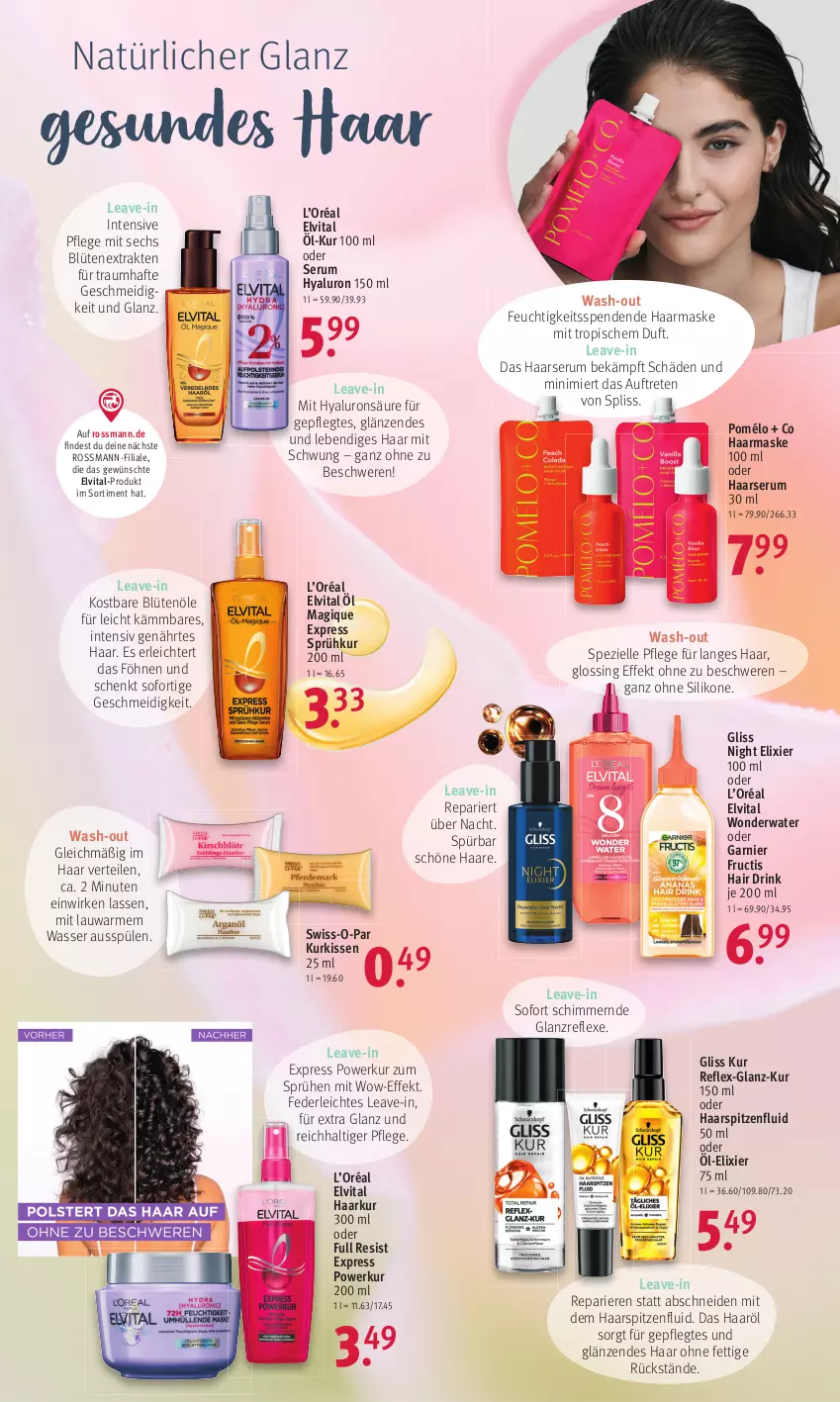 Aktueller Prospekt Rossmann - Prospekte - von 03.07 bis 07.07.2023 - strona 14 - produkty: Blüte, drink, elle, elvital, fructis, garnier, gliss, gliss kur, hyaluron, kissen, Maske, rum, Serum, Spezi, Spülen, Swiss-o-Par, Ti, vita, wasser