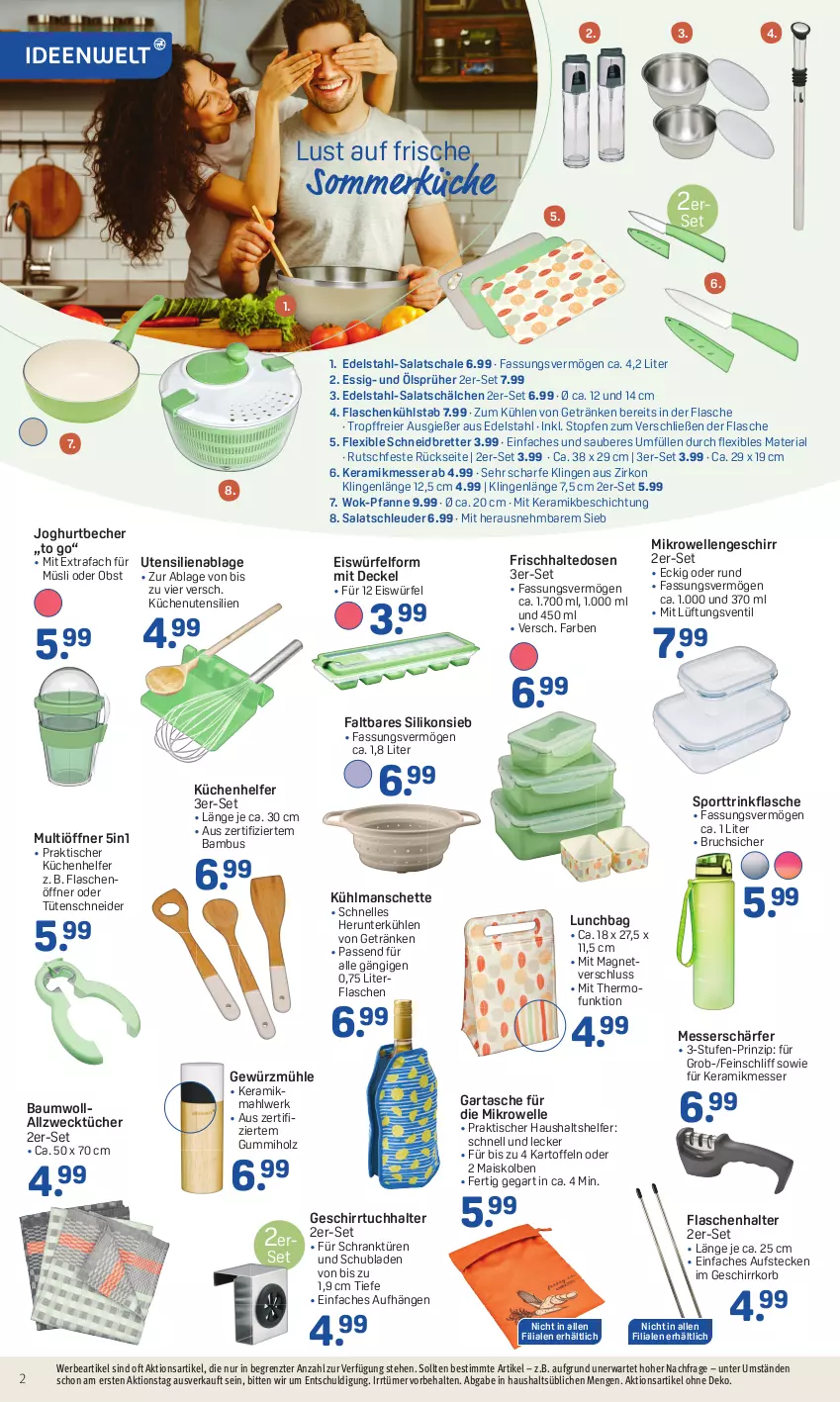 Aktueller Prospekt Rossmann - Prospekte - von 03.07 bis 07.07.2023 - strona 2 - produkty: Allzwecktücher, bambus, Bau, Becher, decke, Deckel, edelstahl, eier, eis, eiswürfel, elle, essig, flasche, flaschenöffner, frischhaltedosen, geschirr, geschirrtuch, getränk, getränke, gewürz, Gewürzmühle, Holz, joghur, joghurt, kartoffel, kartoffeln, korb, küche, Küchen, Küchenhelfer, mais, messer, mikrowelle, müsli, obst, passend für alle, pfanne, Ria, salat, Schal, Schale, Schrank, schubladen, Sport, Tasche, Ti, tisch, topf, Topfen, trinkflasche, tuc, tücher, Tüte, weck, wok, würfel, ZTE