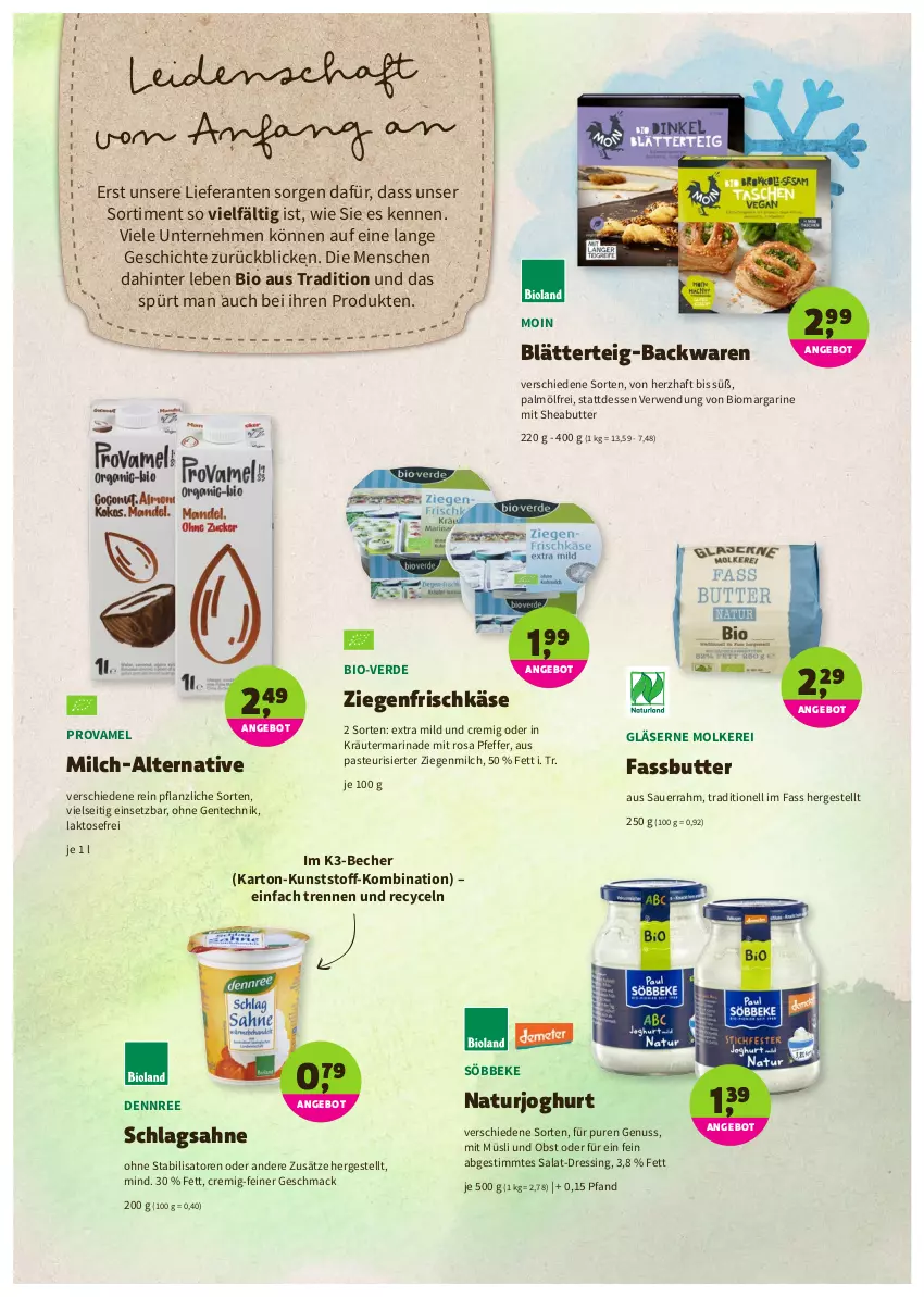 Aktueller Prospekt Denns Biomarkt - Prospekte - von 16.02 bis 01.03.2022 - strona 3 - produkty: angebot, auer, backwaren, Becher, bio, blätterteig, butter, dennree, dressing, ente, erde, frischkäse, Gläser, joghur, joghurt, Käse, kräuter, mac, margarine, marinade, milch, müsli, natur, naturjoghurt, nuss, obst, pfeffer, rwe, sahne, salat, Sauerrahm, schlagsahne, Sheabutter, söbbeke, Ti, ziegenfrischkäse