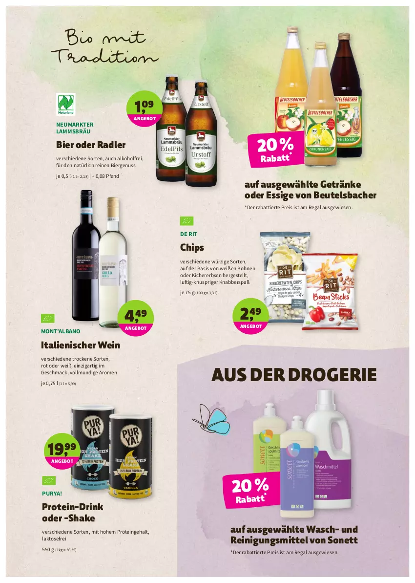 Aktueller Prospekt Denns Biomarkt - Prospekte - von 16.02 bis 01.03.2022 - strona 7 - produkty: alkohol, angebot, beutel, bier, bio, bohne, bohnen, chips, drink, eis, erbsen, essig, getränk, getränke, kichererbsen, lamm, mac, nuss, oder radler, radler, regal, Reinigung, Reinigungsmittel, reis, shake, Ti, wein