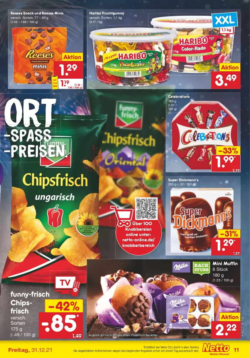 Aktueller Prospekt Netto Marken-Discount - Filial Angebote - von 27.12 bis 31.12.2021 - strona 11 - produkty: angebot, backofen, chips, chipsfrisch, eis, frucht, fruchtgummi, funny-frisch, haribo, Muffin, Ofen, reis, snack, stube, Ti, ZTE