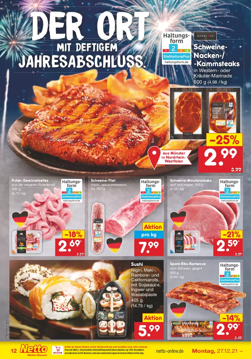 Aktueller Prospekt Netto Marken-Discount - Filial Angebote - von 27.12 bis 31.12.2021 - strona 12 - produkty: barbecue, eis, filet, geschnetzeltes, ingwer, kräuter, marinade, minutensteaks, ndk, oder kräuter, pute, putenbrust, reis, resa, sauce, schwein, schweine, schweine-filet, schweinenacken, soja, sojasauce, spare ribs, steak, steaks, Sushi, Ti, versandkostenfrei, wasa, wein, weine, Weste, Zelt