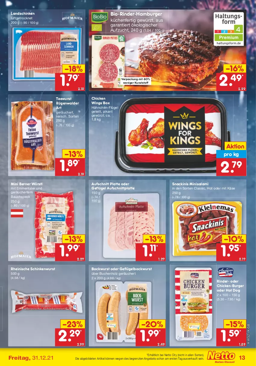 Aktueller Prospekt Netto Marken-Discount - Filial Angebote - von 27.12 bis 31.12.2021 - strona 13 - produkty: angebot, aufschnitt, Bau, bio, bockwurst, buch, burger, chicken wings, emmentaler, Geflügel, gewürz, hamburger, Holz, hot dog, Käse, küche, Küchen, landschinken, latte, rind, rinder, rügenwalder, salami, schinken, schinkenwurst, snack, Speck, tee, teewurst, Ti, wurst, ZTE