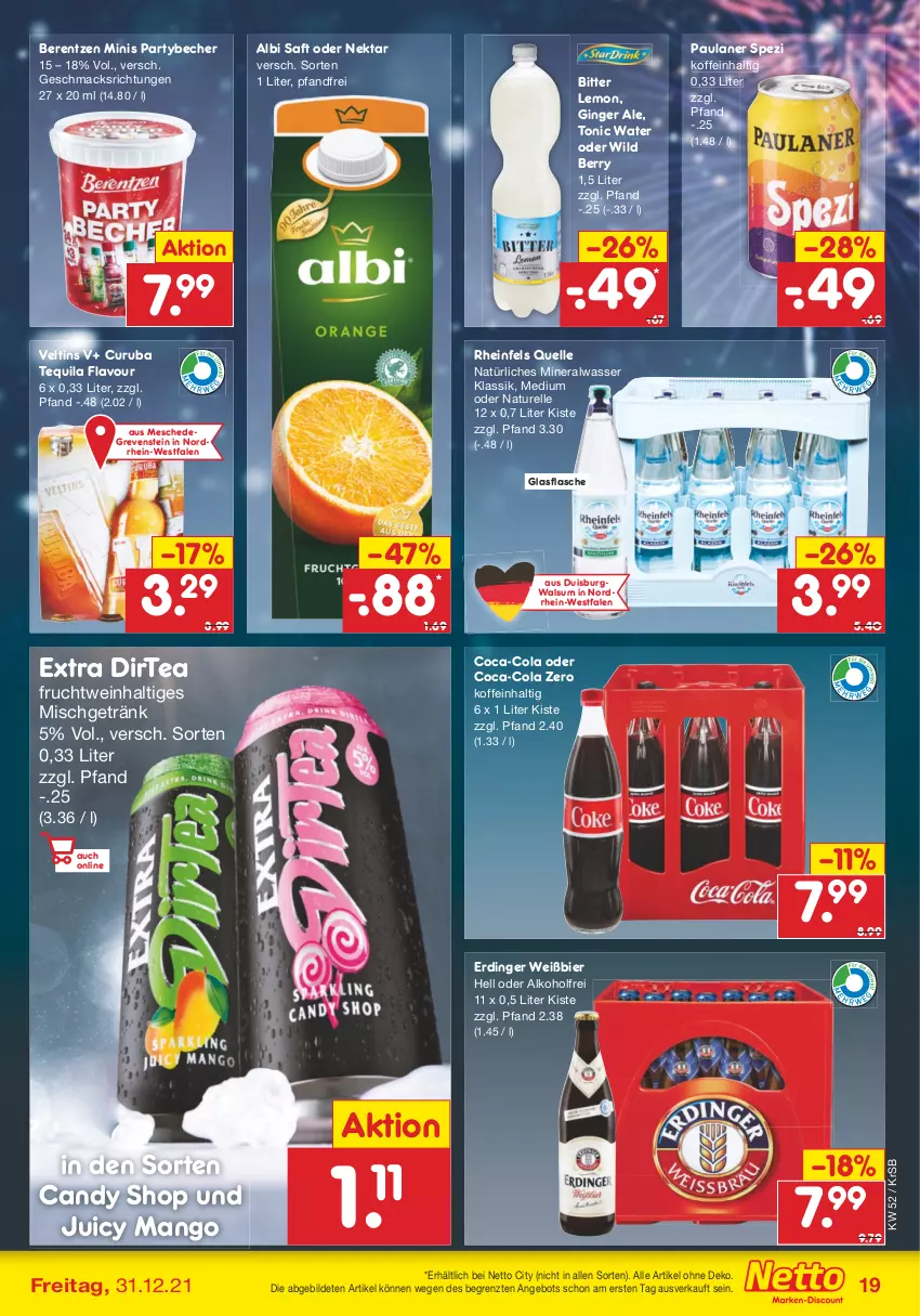 Aktueller Prospekt Netto Marken-Discount - Filial Angebote - von 27.12 bis 31.12.2021 - strona 19 - produkty: alkohol, Alwa, angebot, Becher, berentzen, bier, bitter lemon, coca-cola, cola, elle, erdinger, flasche, frucht, getränk, gin, ginger, ginger ale, glasflasche, mac, mango, mineralwasser, natur, natürliches mineralwasser, Nektar, Paula, paulaner, rel, rheinfels quelle, saft, Spezi, tequila, Ti, tonic, tonic water, veltins, wasser, wein, Wild, wild berry, ZTE