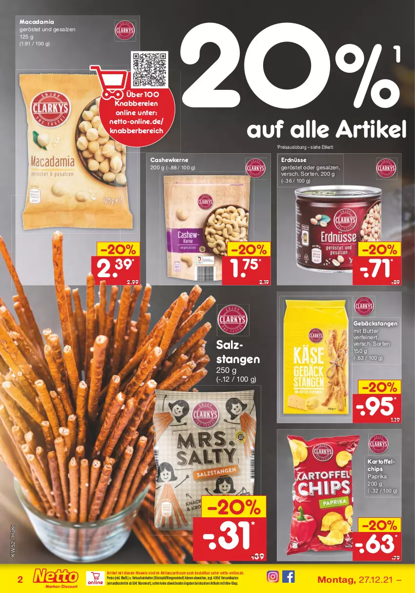 Aktueller Prospekt Netto Marken-Discount - Filial Angebote - von 27.12 bis 31.12.2021 - strona 30 - produkty: butter, Cashew, cashewkerne, chips, eis, erdnüsse, kartoffel, kartoffelchips, mac, macadamia, ndk, paprika, reis, salz, Salzstange, Salzstangen, Ti, versandkostenfrei