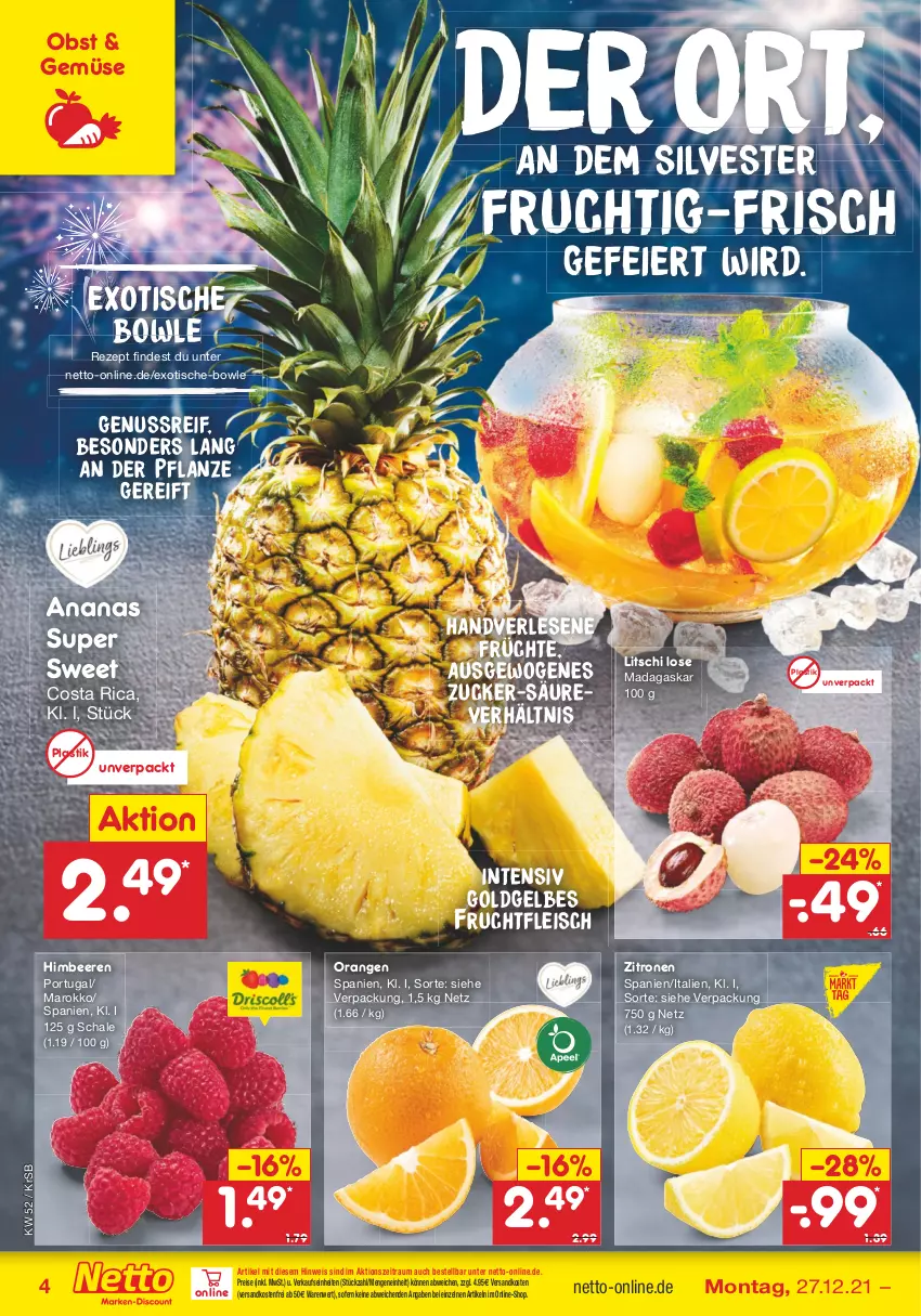 Aktueller Prospekt Netto Marken-Discount - Filial Angebote - von 27.12 bis 31.12.2021 - strona 4 - produkty: ananas, asti, beere, beeren, bowle, eier, eis, fleisch, frucht, früchte, fruchtfleisch, himbeer, himbeere, himbeeren, ndk, nuss, obst, orange, orangen, reis, rezept, Schal, Schale, Ti, tisch, versandkostenfrei, zitrone, zitronen, zucker