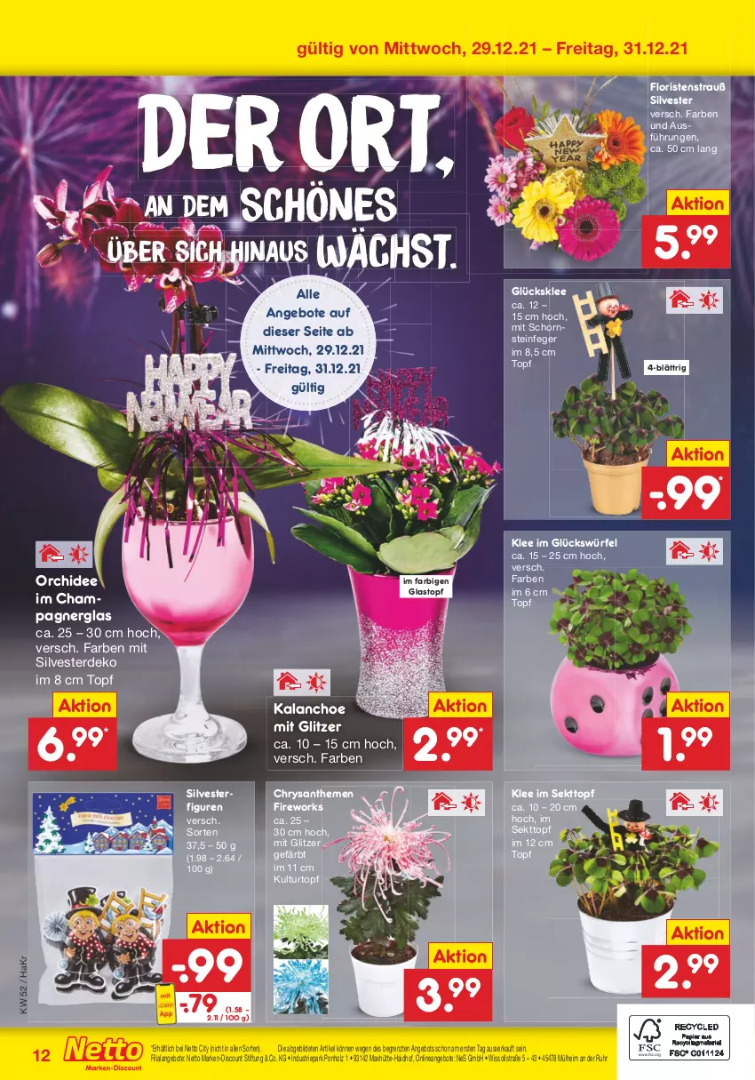 Aktueller Prospekt Netto Marken-Discount - Filial Angebote - von 27.12 bis 31.12.2021 - strona 40 - produkty: angebot, angebote, champagne, champagner, chrysanthemen, discount, erde, glücksklee, Holz, Kalanchoe, kulturtopf, marken-discount, orchidee, Schornsteinfeger, sekt, Ti, topf, uhr, würfel, ZTE