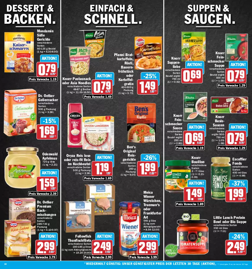 Aktueller Prospekt Aez - Prospekte - von 10.07 bis 15.07.2023 - strona 10 - produkty: apfel, apfelmus, auer, backmischung, Backmischungen, Bau, Bauer, Becher, beutel, bio, dessert, Dr. Oetker, eis, feinschmecker, filet, filets, fisch, followfish, frankfurter, gelierzucker, gin, kartoffel, kartoffeln, knorr, knorr pasta, kochbeutel, LG, meica, mondamin, odenwald, oryza, pasta, pfanni, reis, reis-fit, sauce, saucen, snack, suppe, suppen, suppenliebe, thunfisch, Ti, wiener, wiener würstchen, würstchen, ZTE, zucker