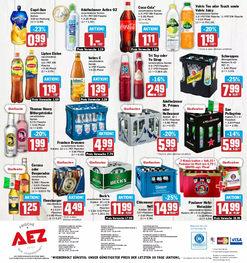 Aktueller Prospekt Aez - Prospekte - von 10.07 bis 15.07.2023 - strona 16 - produkty: adelholzener, AEZ, bier, brunnen, buch, burger, Cap, capri-sun, coca-cola, cola, corona, desperados, drucker, eis, eistee, elle, Engel, ente, fisch, flasche, flensburger, franken brunnen, Germ, getränk, getränke, glasflasche, Hefe, Hohes C, Holz, kerze, lipton, Paula, paulaner, perla, reis, ring, rum, san pellegrino, schweppes, sirup, tee, teller, thomas henry, Ti, uhr, volvic, wasser, weissbier, Yo, ZTE