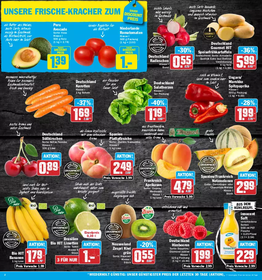 Aktueller Prospekt Aez - Prospekte - von 10.07 bis 15.07.2023 - strona 2 - produkty: aprikose, aprikosen, auer, aufstrich, aus dem kühlregal, avocado, banane, bananen, Bau, beere, beeren, berliner, bio, bio hit, brot, brotaufstrich, butter, discount, eis, Elan, elle, flasche, früchte, Frühkartoffeln, himbeer, himbeere, himbeeren, Innocent, joghur, joghurt, karotten, kartoffel, kartoffeln, kirsch, kirsche, kirschen, kiwi, kracher, kühlregal, limette, limetten, mac, melone, melonen, Mett, metten, nuss, obst, paprika, pasta, pfirsich, pfirsiche, plattpfirsiche, quark, radieschen, regal, reis, Ria, Romatomaten, saft, salat, salate, salatherzen, sapphire, Schal, Schale, shake, snack, speisefrühkartoffeln, Spitzpaprika, Ti, tisch, tomate, tomaten, vita, Vitamin C, zespri, ZTE, zucker