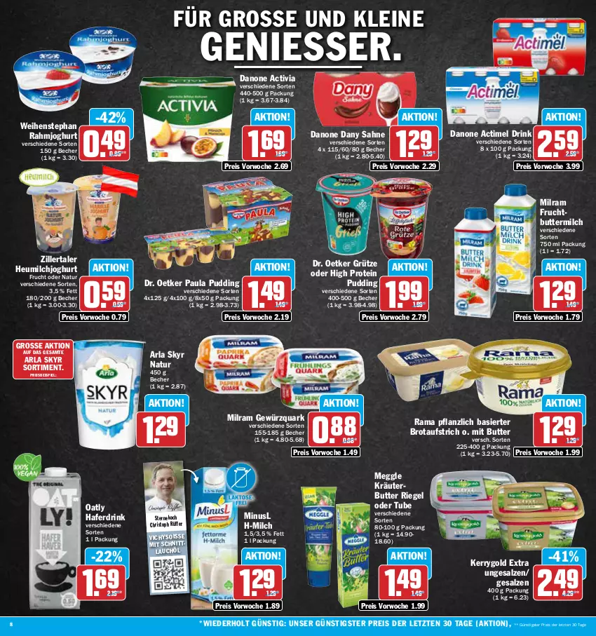 Aktueller Prospekt Aez - Prospekte - von 10.07 bis 15.07.2023 - strona 8 - produkty: actimel, actimel drink, activia, arla, arla skyr, aufstrich, Becher, brot, brotaufstrich, butter, buttermilch, danone, danone actimel drink, danone activia, Dany, dany sahne, Dr. Oetker, drink, eis, frucht, gewürz, gewürzquark, grütze, hafer, Haferdrink, Heu, heumilch, joghur, joghurt, kerrygold, kerrygold extra, kräuter, kräuterbutter, leine, meggle, milch, milram, natur, Paula, paula pudding, pudding, quark, rahmjoghurt, rama, reis, riegel, sahne, salz, schnittlauch, Skyr, Ti, Vichy, weihenstephan, ZTE