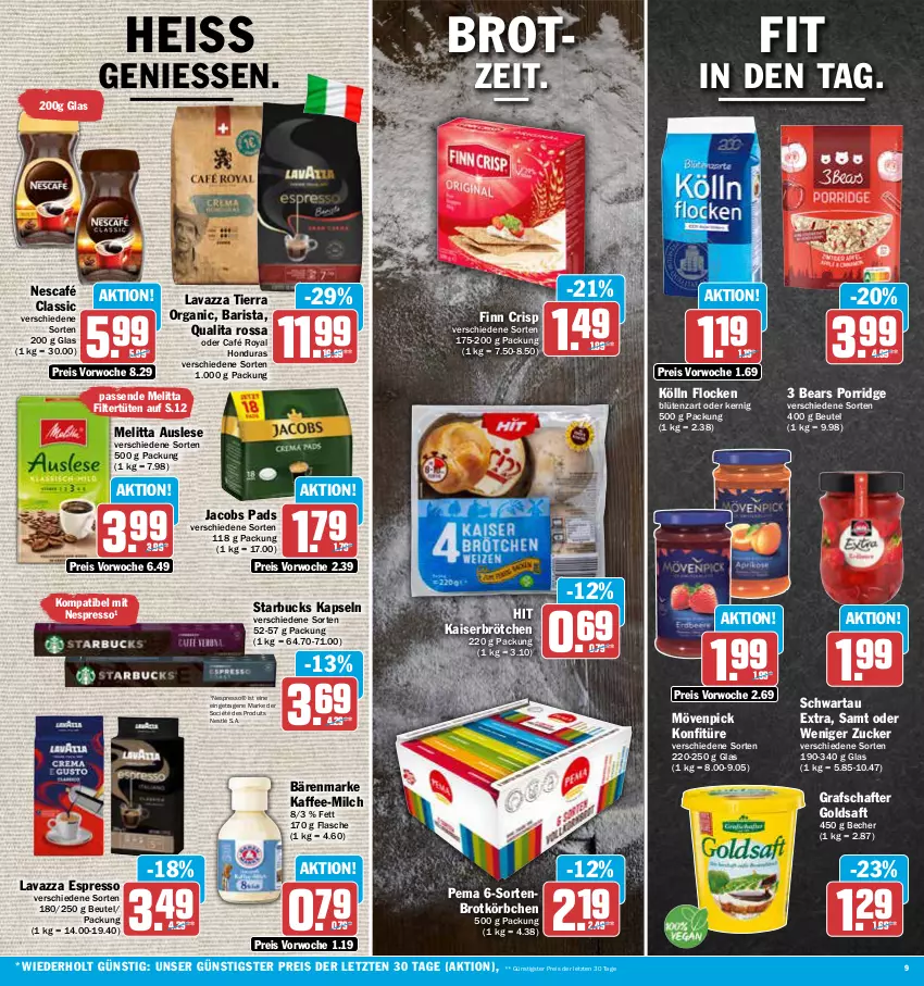 Aktueller Prospekt Aez - Prospekte - von 10.07 bis 15.07.2023 - strona 9 - produkty: bärenmarke, Becher, beutel, Blüte, brot, brötchen, café royal, eis, espresso, flasche, goldsaft, grafschafter, jacobs, kaffee, Kaiser, kölln, konfitüre, Körbchen, lavazza, melitta, milch, mövenpick, Nescafé, nespresso, nestlé, porridge, reis, saft, Schwartau, starbucks, Ti, Tüte, ZTE, zucker