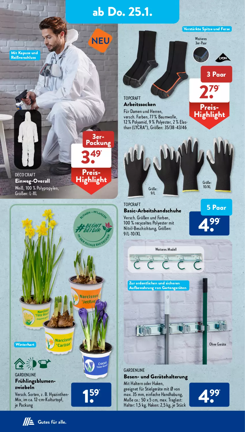 Aktueller Prospekt AldiSud - NÄCHSTE WOCHE - von 22.01 bis 27.01.2024 - strona 22 - produkty: Arbeitssocken, Bau, baumwolle, blume, blumen, dell, eis, Garten, handschuhe, kulturtopf, LG, Mode, Overall, reis, schuhe, socken, Ti, topf, wolle, zwiebel, zwiebeln