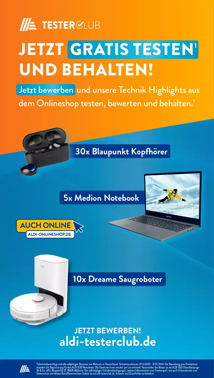 Aktueller Prospekt AldiSud - NÄCHSTE WOCHE - von 22.01 bis 27.01.2024 - strona 26 - produkty: aldi, blaupunkt, eis, erde, gewinnspiel, kopfhörer, medion, notebook, Saugroboter, Ti