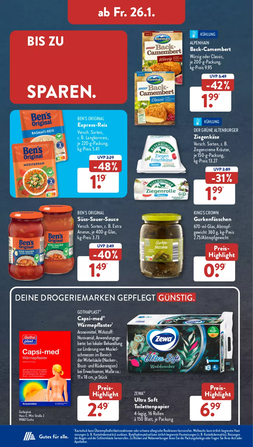 Aktueller Prospekt AldiSud - NÄCHSTE WOCHE - von 22.01 bis 27.01.2024 - strona 29 - produkty: Alpenhain, altenburger, ananas, Apotheke, auer, Ben’s Original, burger, camembert, Cap, creme, eis, express-reis, gin, gurke, gurken, ilag, Käse, korn, kräuter, Langkornreis, papier, pflaster, reis, sauce, Ti, toilettenpapier, zewa, ziegenkäse, ZTE