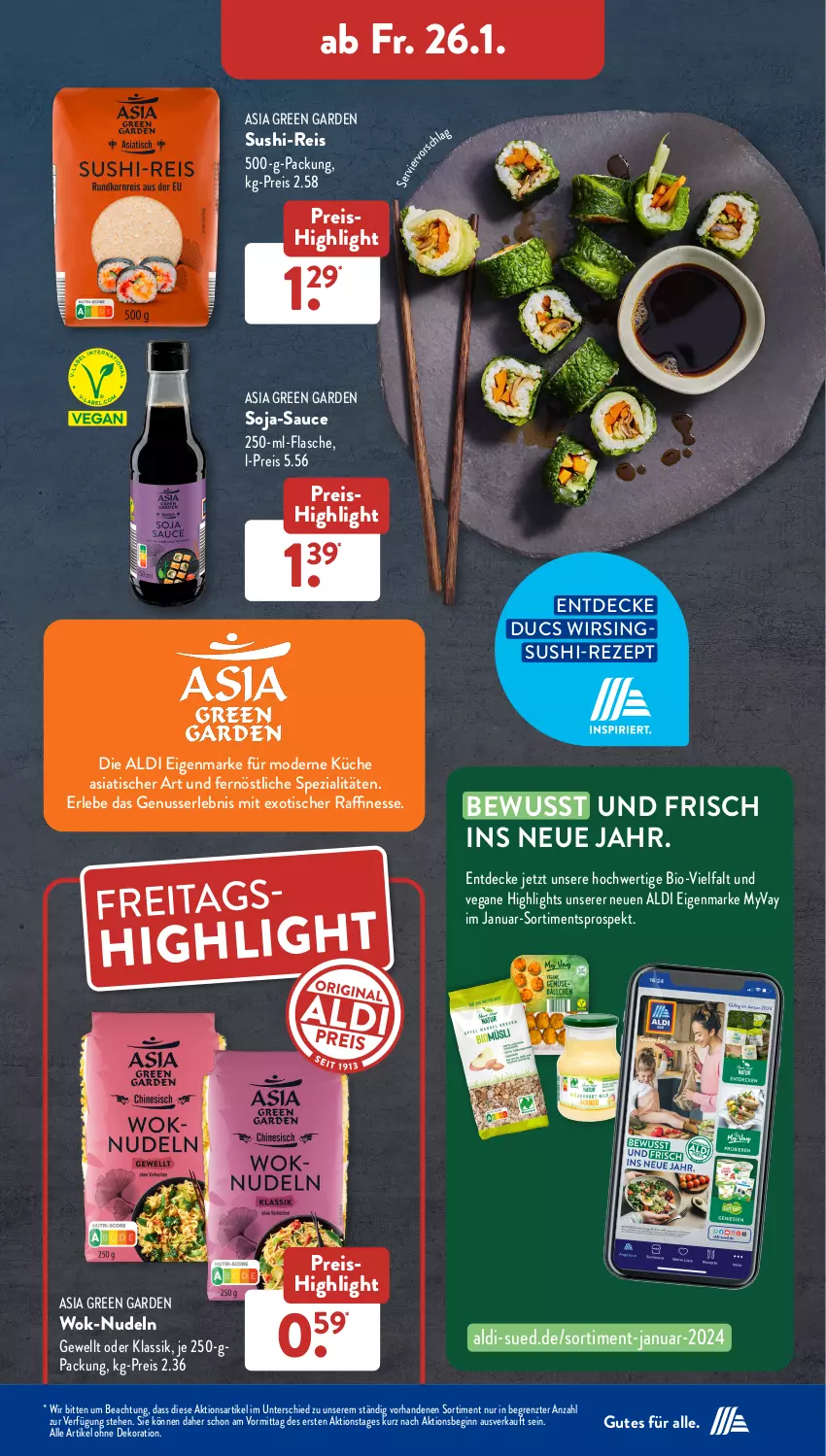 Aktueller Prospekt AldiSud - NÄCHSTE WOCHE - von 22.01 bis 27.01.2024 - strona 36 - produkty: aldi, alle artikel ohne dekoration, Asia Green Garden, bio, decke, dekoration, eis, finesse, flasche, gin, küche, Mode, nudel, nudeln, nuss, reis, rezept, sauce, soja, Spezi, Sushi, Ti, tisch, Wirsing, wok, ZTE