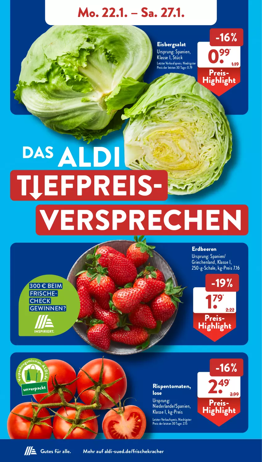 Aktueller Prospekt AldiSud - NÄCHSTE WOCHE - von 22.01 bis 27.01.2024 - strona 4 - produkty: aldi, beere, beeren, eis, eisbergsalat, erdbeere, erdbeeren, kracher, reis, rispentomaten, salat, Schal, Schale, Ti, tomate, tomaten, ZTE