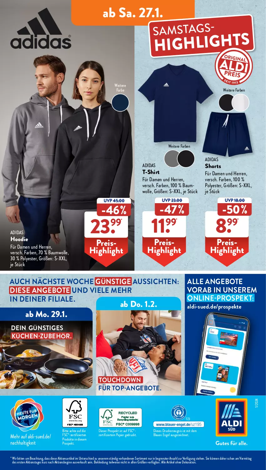 Aktueller Prospekt AldiSud - NÄCHSTE WOCHE - von 22.01 bis 27.01.2024 - strona 43 - produkty: Adidas, aldi, alle artikel ohne dekoration, angebot, angebote, Bau, baumwolle, dekoration, drucker, eis, Engel, gin, kerze, kleid, Kleidung, küche, Küchen, papier, reis, shirt, shorts, T-Shirt, Ti, top-angebot, wolle, ZTE